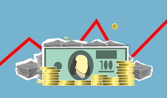 An animated photo of cash, coins, bills, and a stock market graph line behind everything.