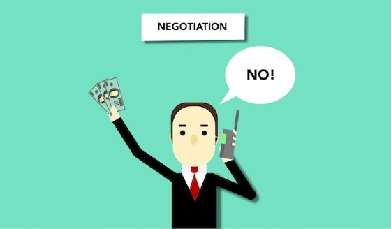 Clipart of a man on the phone with cash in his hand. There is a speech bubble that says "No!" and a text box above his head that says "Negotiation". 