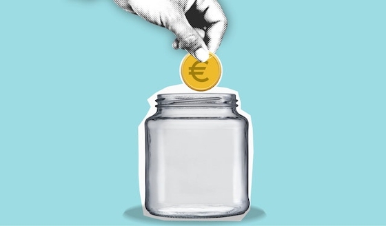 Animated photo of a hand dropping a coin in a savings jar.