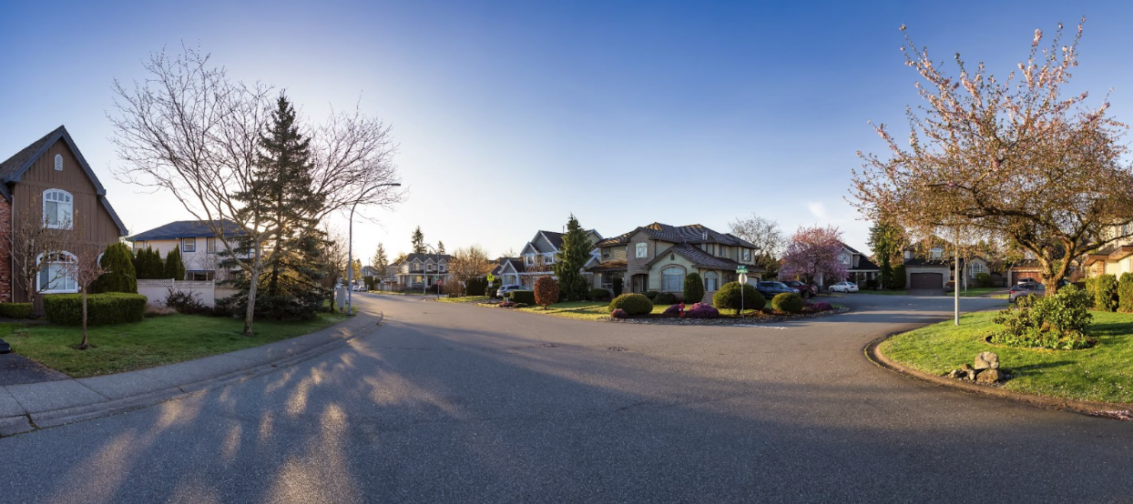 Picture of a neighbourhood, taken at a fork in the road.